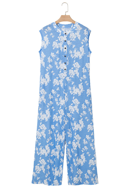 Myosotis Floral Print Half Button Wide Leg Relaxed Sleeveless Jumpsuit